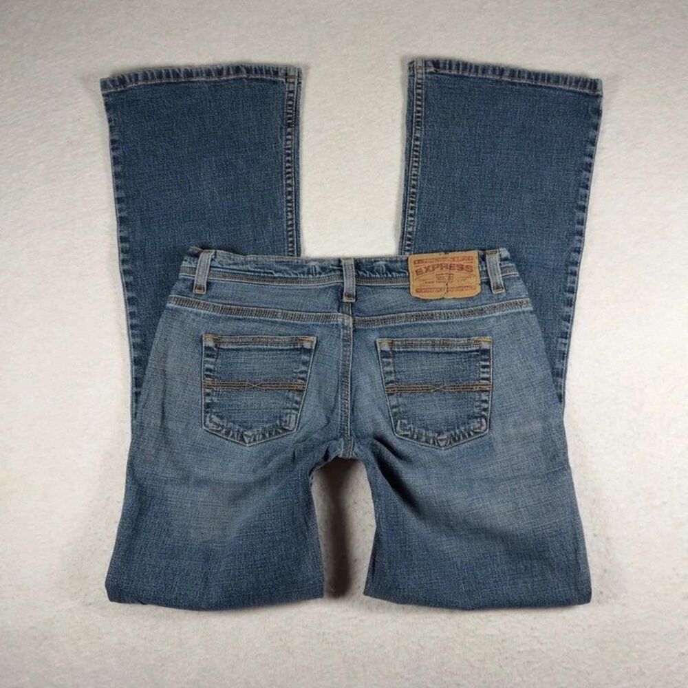 Express Precision Fit Low Rise Flare Jeans Whiskered Denim